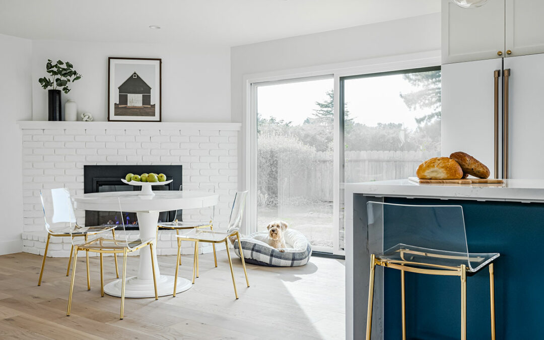 Kitchen Dining Area with Large Sliding Glass Doors and Dog