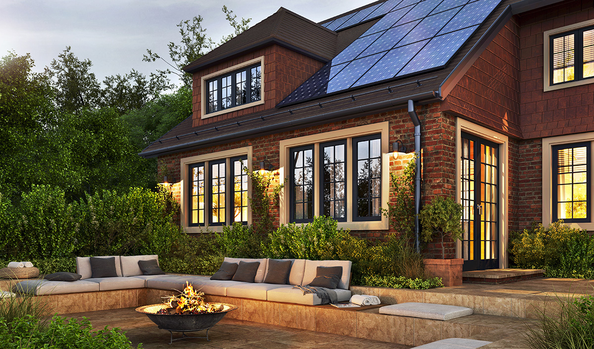 Energy efficient home design with solar panels and windows