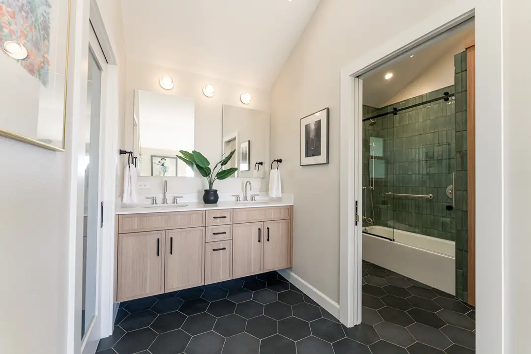Modern Primary Bathroom Remodel in Aptos, CA with Warm, Inviting Design